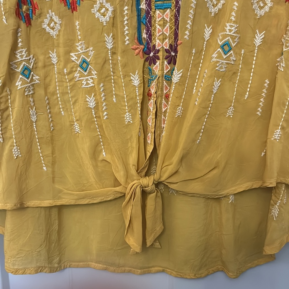 Johnny Was Gold Tie Front Blouse with Mandarin Collar - Picture 5 of 7